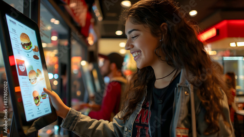 Woman Ordering Food on Kiosk