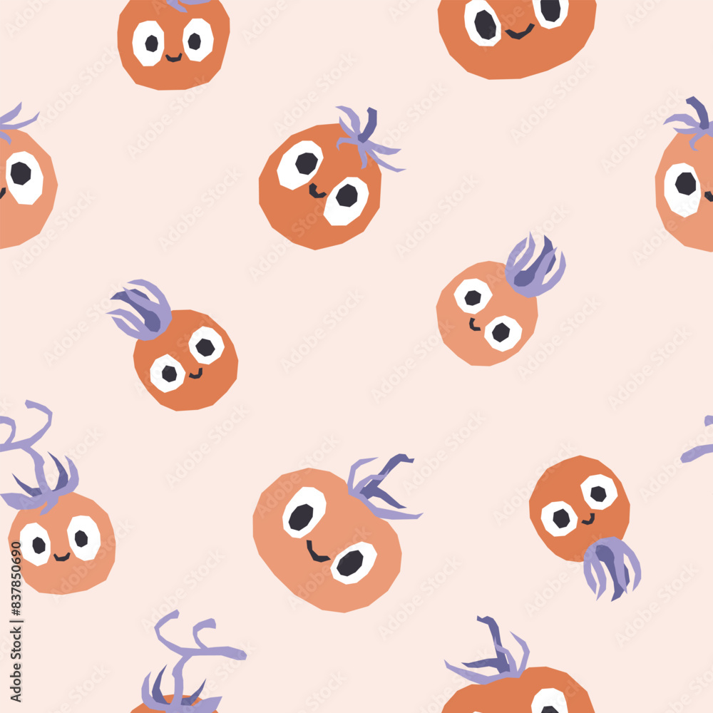 Cute vegetables seamless pattern. Vector cartoon childich background with smiling vege characters. Red tomatoes on a pastel background. Cute vegetables seamless pattern. Vector cartoon childich background with smiling vege characters. Red tomatoes on a pastel background.