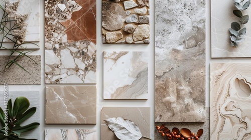 Moodboard materials light marble look tiles mixture, light pigmented concrete, wood, earthy colors such as light beige, leafy plants like sleak texture represented as a collage, is photo