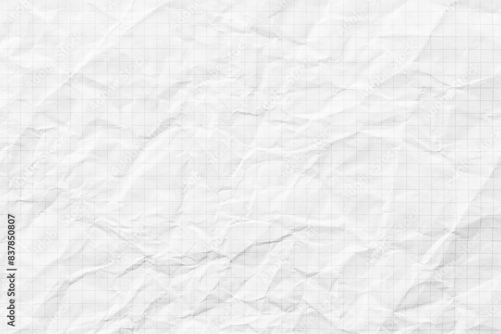 crumpled checkered notebook for writing, white paper texture background crumpled checkered notebook for writing, white paper texture background