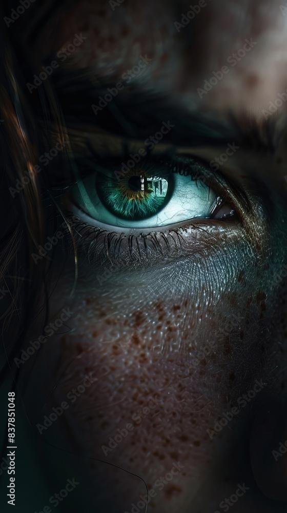 Close-up of a piercing green eye with detailed texture on the skin around it, capturing emotion and intensity with dramatic lighting and sharp focus. Close-up of a piercing green eye with detailed texture on the skin around it, capturing emotion and intensity with dramatic lighting and sharp focus.