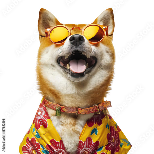 Happy smile Puppy dog Shiba Inu with sunglasses and summer season costume isolated on background