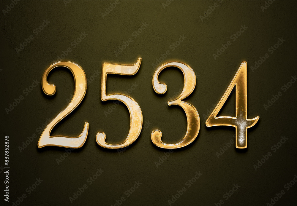 Old gold effect of 2534 number with 3D glossy style Mockup. Old gold effect of 2534 number with 3D glossy style Mockup.