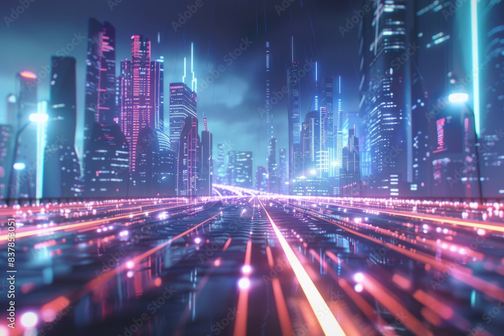 A digital futuristic city in the background with glowing lines in the foreground 