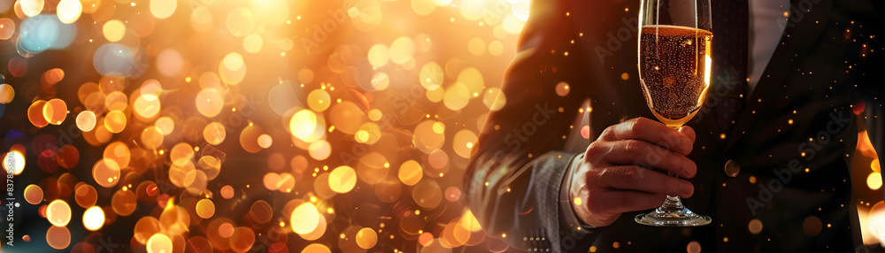 Photo realistic portrayal of an executive raising a champagne toast at a corporate event, symbolizing success and appreciation. Ideal for business and event advertisements in Photo Photo realistic portrayal of an executive raising a champagne toast at a corporate event, symbolizing success and appreciation. Ideal for business and event advertisements in Photo