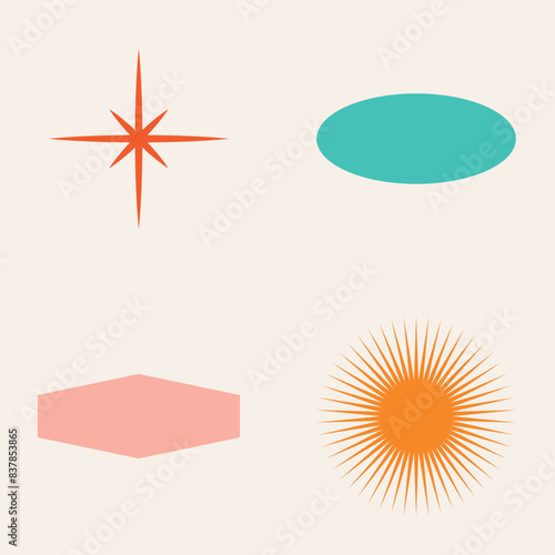 50s Mid Century Modern Shapes, Elements, Logos, Signs, Fifties, 1950s, in Beige, Pink, Green, Orange, Turquoise and Red