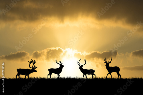 Silhouetted Deer at Sunset  Majestic Stags and Does Against a Golden Sky with Radiant Sunbeams