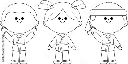 Karate kids athletes, boys and girls. Diverse group of children in martial arts uniforms. Karate, Taekwondo, judo, jujitsu, kickboxing, or kung fu children athletes. Vector Illustration