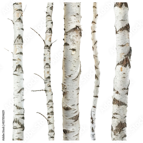 set of natural birch trunks isolated on white background