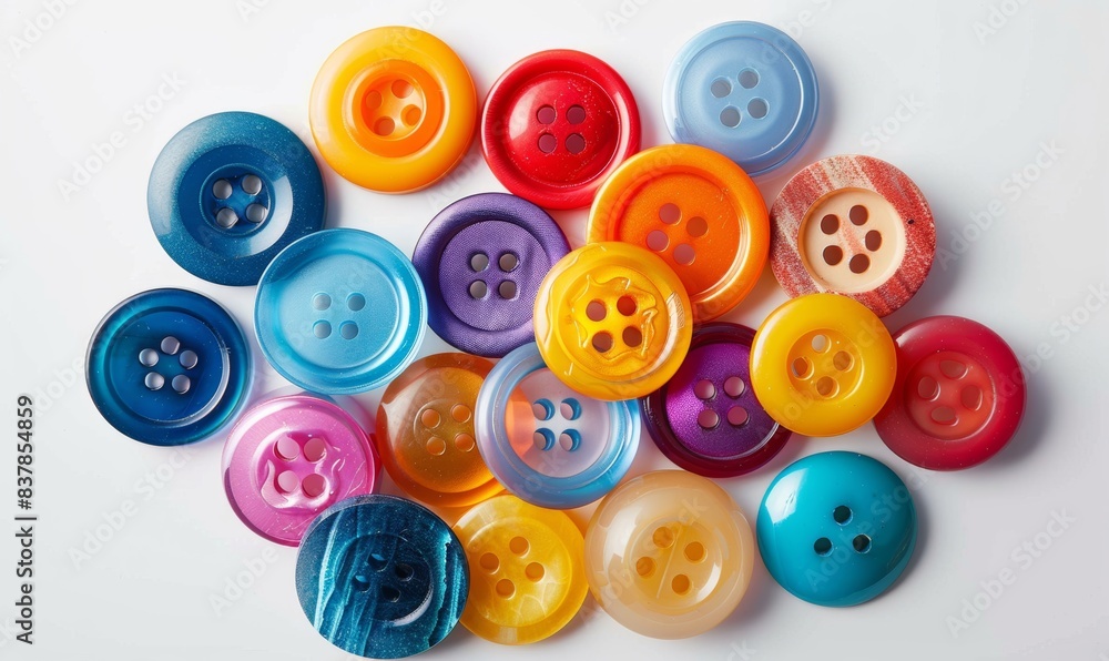 Vibrant assortment of buttons on a white background, perfect for sewing projects Vibrant assortment of buttons on a white background, perfect for sewing projects