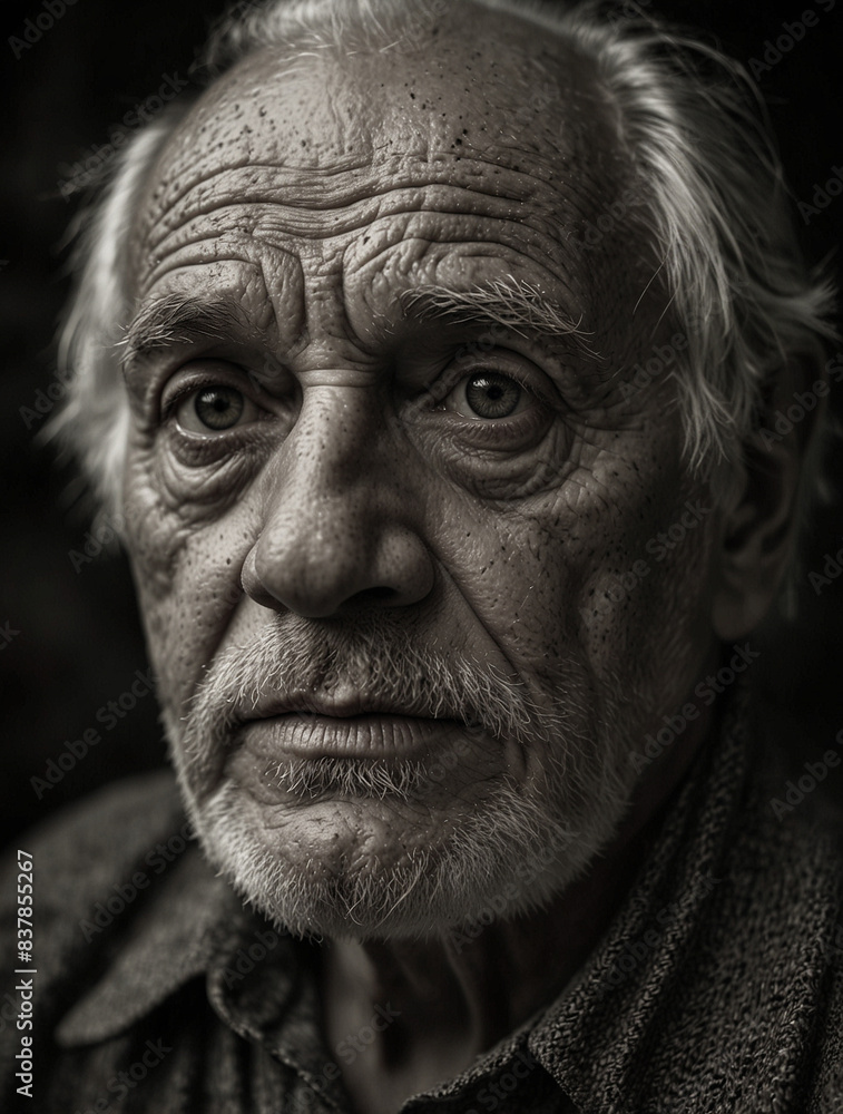 Contemplative Elderly Man with White Beard in Dramatic Black and White Contemplative Elderly Man with White Beard in Dramatic Black and White