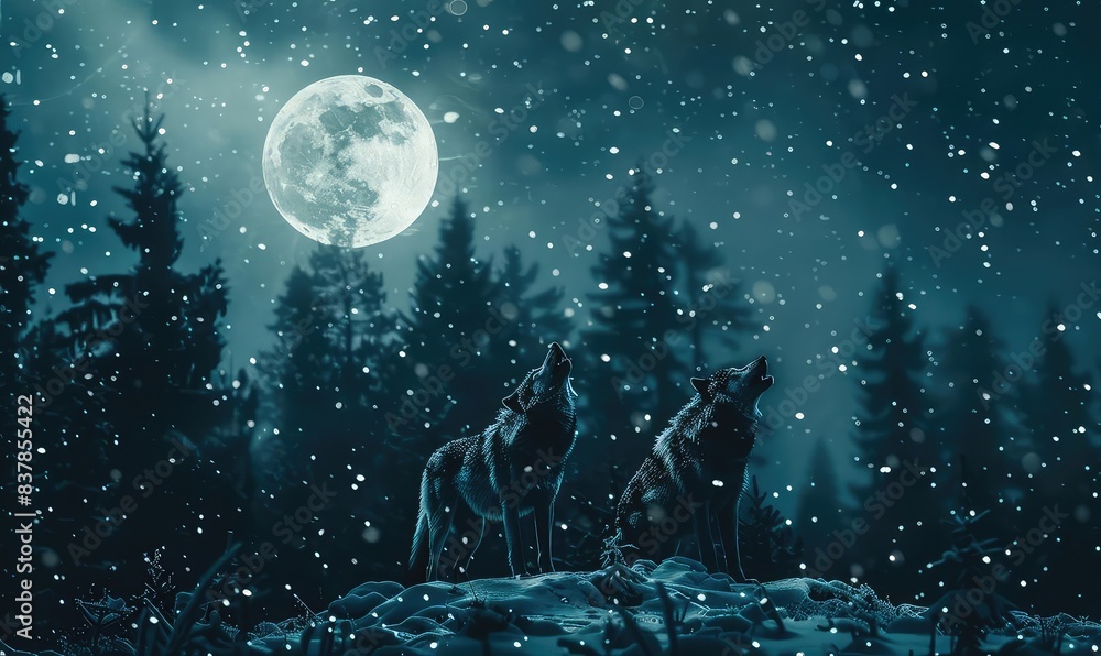 Naklejka premium Wolves in wildlife sanctuary, snowy landscape, howling at moon close up, focus on, copy space Double exposure silhouette with winter wilderness