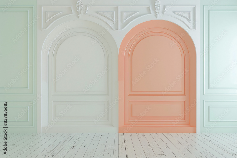 A pastel green and pastel orange half arch-shaped panel two panels, minimalist, simple, white background, flat. light wood flooring A pastel green and pastel orange half arch-shaped panel two panels, minimalist, simple, white background, flat. light wood flooring