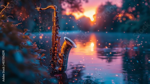 Saxophone by the lake at sunset with bokeh lights
