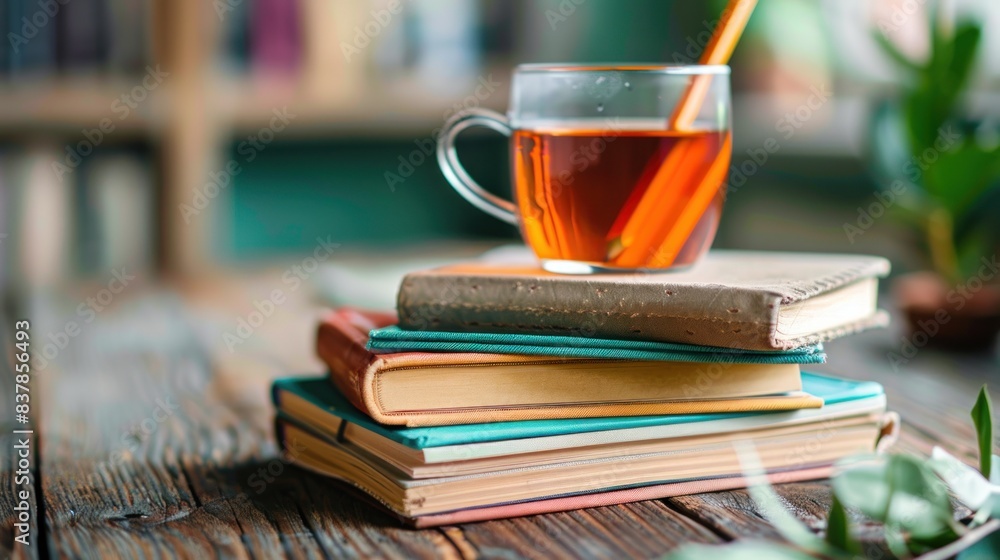 Fototapeta premium a stack of books on the study table with a pencil and a cup of tea on top.