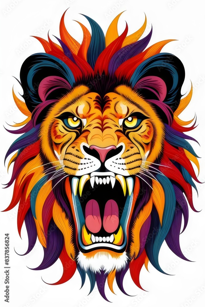 Obraz premium a cartoon fierce, angry, lion, mascot, t-shirt design, \illustration, wild, animal, mane, roar, claws, teeth, predator, savannah, nature, aggressive, strong, powerful, golden, character, vector