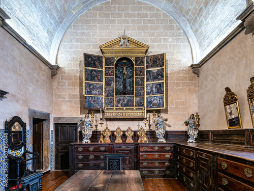 Interior of Faro Cathedral, Se Catedral in Faro, Algarve, Portugal. With walls finely decorated by azulejos tiles.