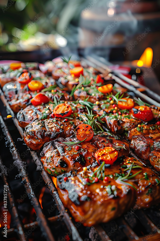 Meat grilled with tomatoes outdoors at barbecue on sunny summer day. Meat grilled with tomatoes outdoors at barbecue on sunny summer day.