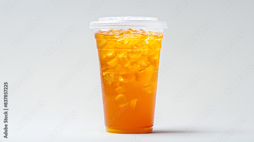 Clear plastic cup filled with thai tea, and a lid, background, studio lighting for focused advertising. Generative AI illustration Clear plastic cup filled with thai tea, and a lid, background, studio lighting for focused advertising. Generative AI illustration