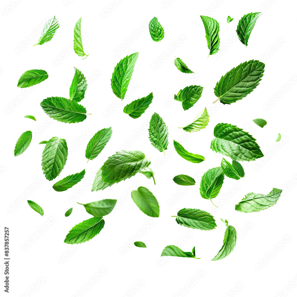 Green Peppermint leaves flying and falling isolated on white background Green Peppermint leaves flying and falling isolated on white background