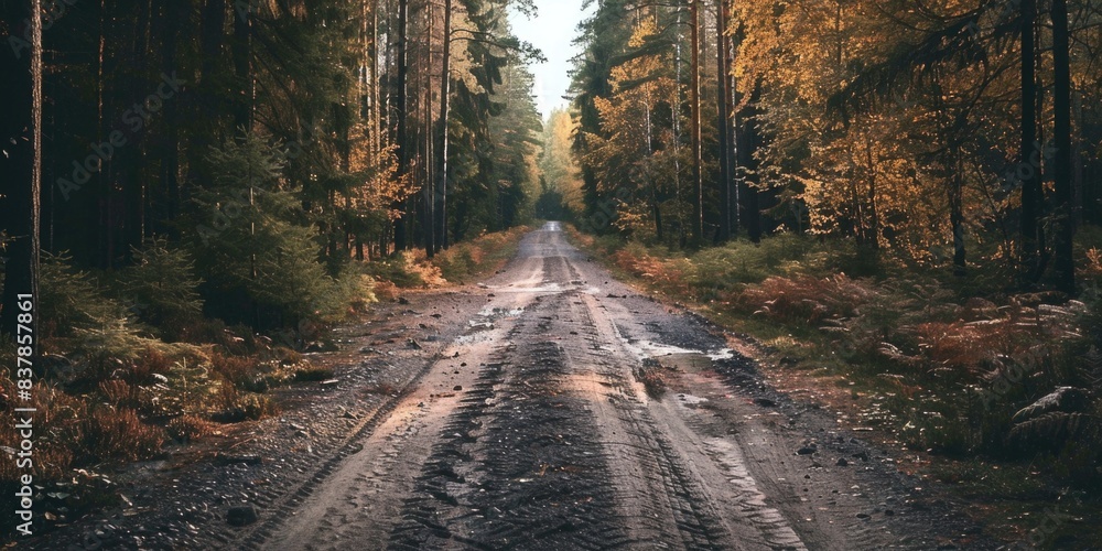 Naklejka premium Front view of a dirt road in the middle of a forest
