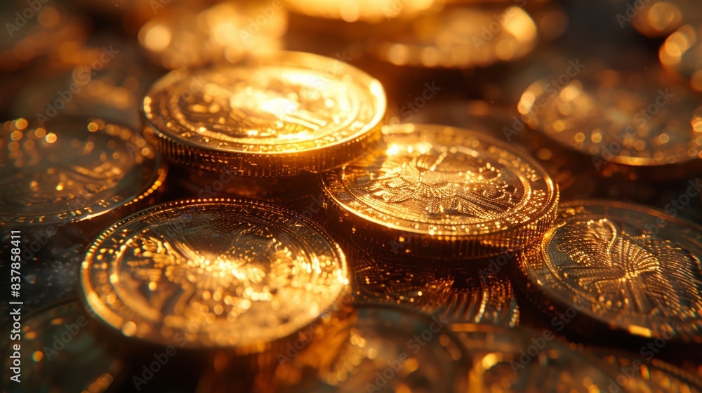 Tower of gold coins with glittering lights Tower of gold coins with glittering lights