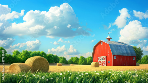 A red barn in the middle of hay bales on a farm,  photo