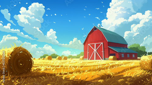 A red barn in the middle of hay bales on a farm,  photo