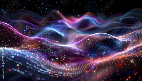 Abstract digital background with glowing data connections and dynamic wave forms, representing the concept of big data technology  © graphito