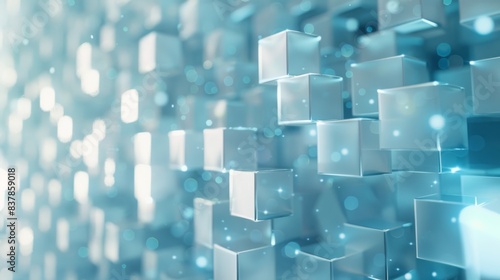 Abstract background with an array of translucent light blue cubes, illuminated with a soft backlit effect