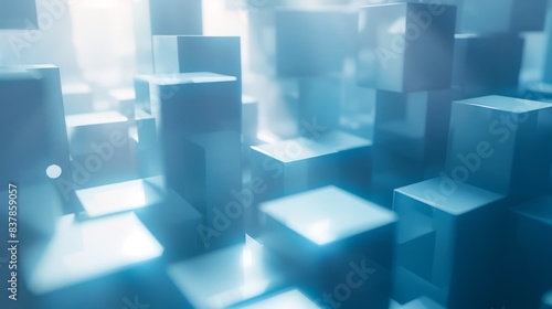 Abstract background with an array of translucent light blue cubes, illuminated with a soft backlit effect