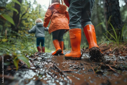 children playing in nature exploring muddy ground with rain boots
