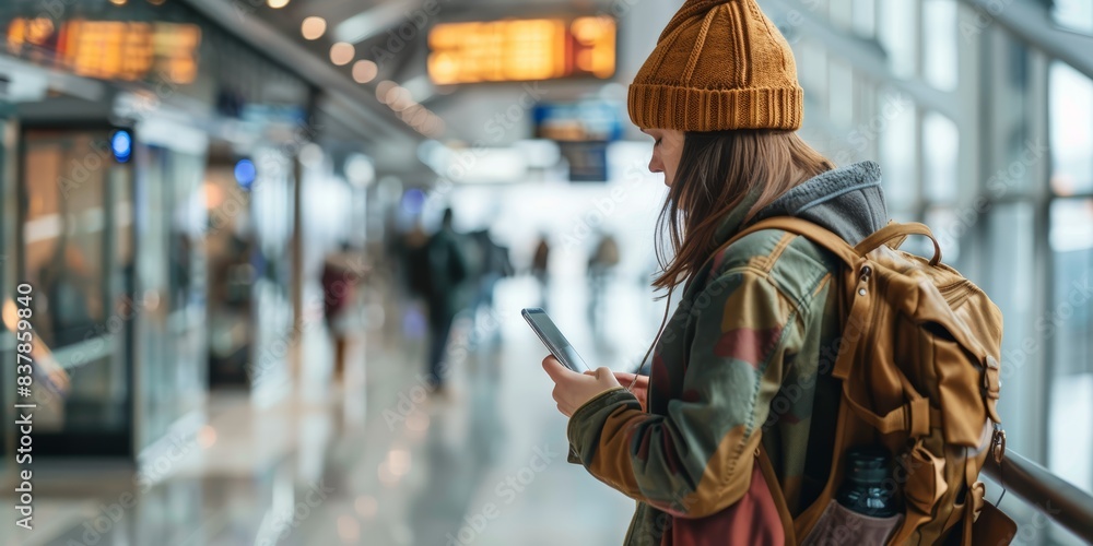 Traveler checking their itinerary on a smartphone while waiting at an airport, representing organized travel and discovery, isolated white background, copy space Traveler checking their itinerary on a smartphone while waiting at an airport, representing organized travel and discovery, isolated white background, copy space