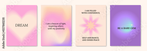 Aesthetic abstract gentle gradient background with ispiration and motivation quotes and phrases posters on blurred pattern. Modern print for social media stories, album covers, banners, templates