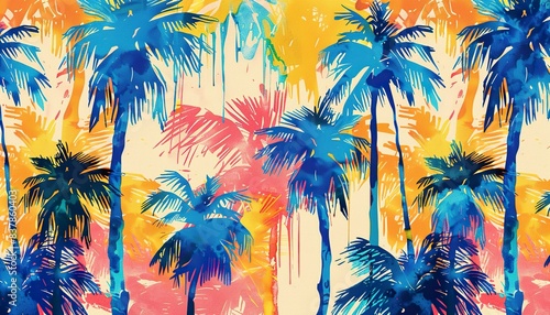 Vintage style seamless pattern, hand drawn artistic colorful abstract palm trees print. Creative collage. Fashionable template for design, artistic print, colorful palm trees, vintage collage pattern.