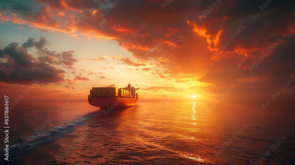 Sunset view of a container ship sailing on calm ocean waters Sunset view of a container ship sailing on calm ocean waters
