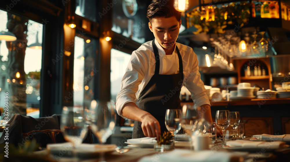 Male restaurant worker in a white uniform setting a table in an elegant restaurant with warm ambient lighting. Male restaurant worker in a white uniform setting a table in an elegant restaurant with warm ambient lighting.