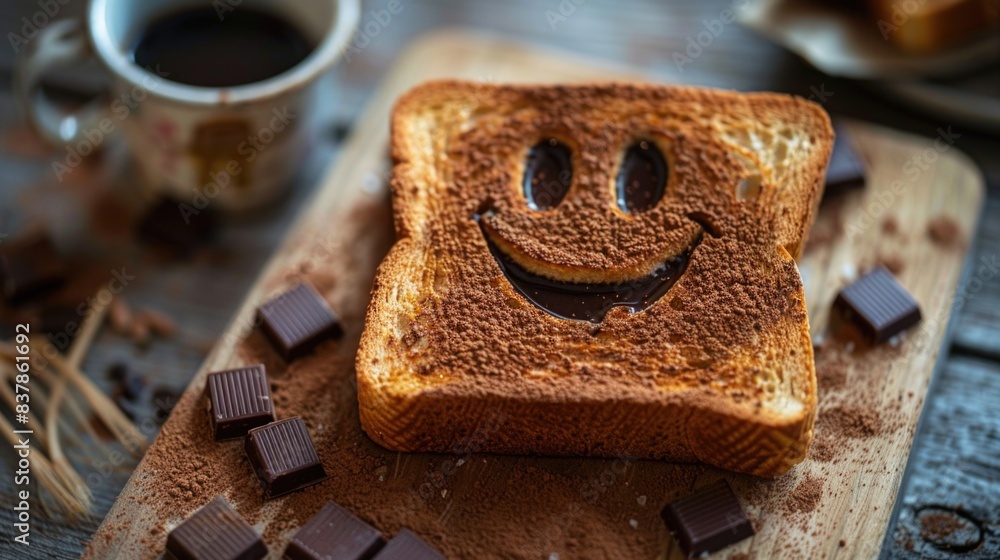 Funny toast bread with chocolate smile on wooden board. Funny food Funny toast bread with chocolate smile on wooden board. Funny food