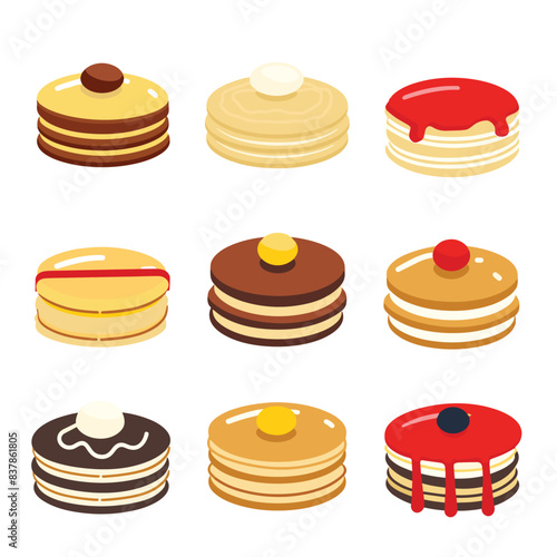 Bright vector illustration various stacks pancakes, pancake has different toppings such chocolate, syrup, butter, cream, cherry. Colorful flat design foodrelated content