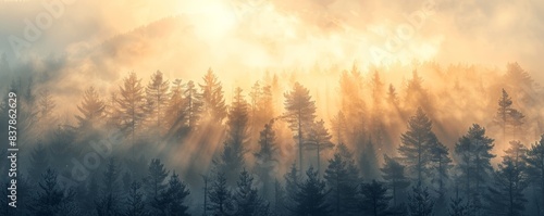 Sunrise illuminating a misty forest with rays of light filtering through the trees