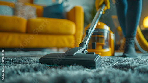 Person vacuuming a carpet in a modern living room with a yellow sofa.