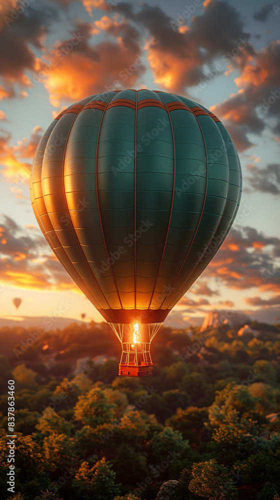 Fototapeta premium an big Hot Air Balloon shaped balloon flying in the sky, nflatable effect, plastic, green, solid background, oc rendering, super detail, detail, premium feel, front view