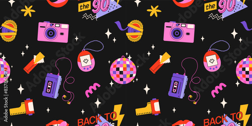 Classic 80s back to 90s elements in modern flat style. Hand drawn sticker set, vector seamless pattern. Fashion patch, badge, emblem with vintage accessories.