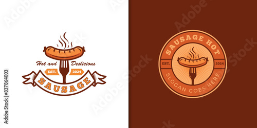 Vintage retro sausage grill logo design with emblem for barbecue party graphic logo template