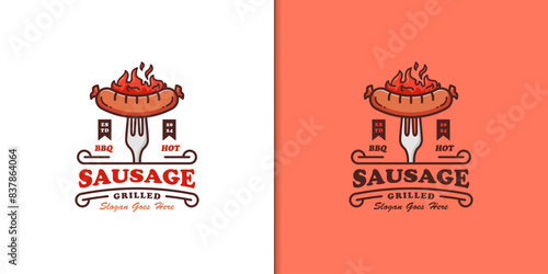 Sausage hot grilled logo design vintage style or emblem logo template, barbecue party graphic logo template