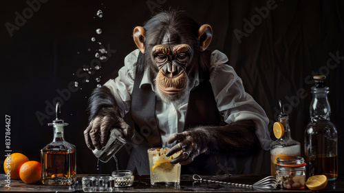 A monkey who works as a bartender is mixing drinks in a bar.
