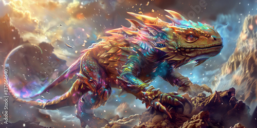 A fantasy creature, like an anthropomorphic lizard with colorful scales and claws, navigating a treacherous alien landscape photo