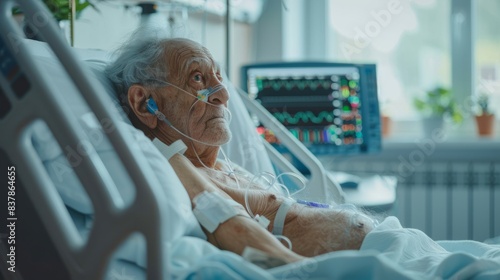 An elderly man lies in a hospital bed, the stark hum of medical equipment monitoring his aged heart.