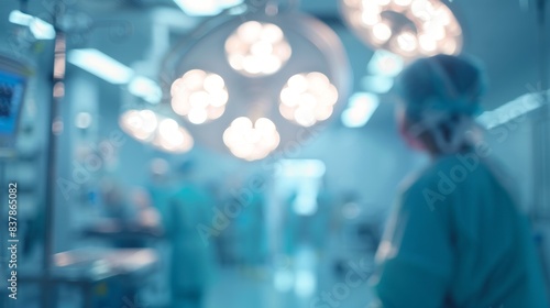 Blurred surgical operating room. Abstract, out-of-focus view of a surgical team performing an operation under bright OR lights.