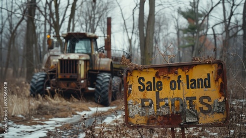 The sight of a neglected tractor in an untended field echoes the struggles of bankrupt farmers, with the available land parcels underscoring the challenges of agriculture. photo